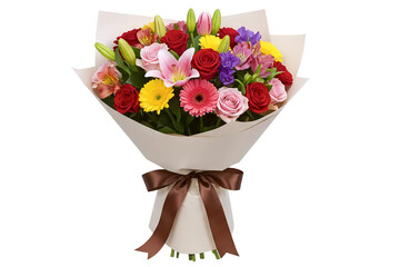 A vibrant bouquet of mixed flowers including orange gerberas and yellow roses. This beautiful floral arrangement is wrapped in kraft paper and tied with a brown ribbon.