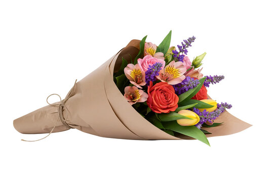 A lovely bouquet of spring flowers including purple tulips and lavender. This romantic floral arrangement is wrapped in kraft paper and seen from a lying-down angle.