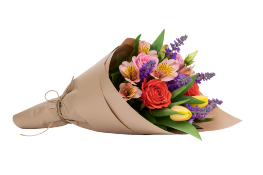 A lovely bouquet of spring flowers including purple tulips and lavender. This romantic floral arrangement is wrapped in kraft paper and seen from a lying-down angle.