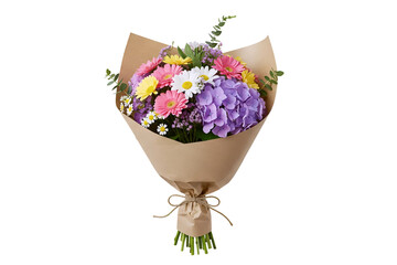 A delicate bouquet of mixed pink and purple flowers with fresh green leaves. This beautiful floral arrangement is wrapped in kraft paper and tied with string.