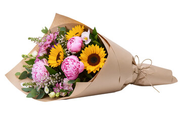 A cheerful bouquet of mixed flowers, including a sunflower and pink peonies, lying on its side. This fresh floral gift is wrapped in natural kraft paper.
