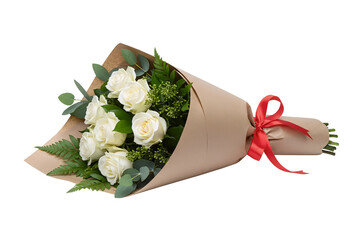 An elegant bouquet of fresh white roses, lying on its side. This classic romantic arrangement is wrapped in kraft paper and tied with a red ribbon.