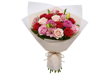 A classic bouquet of fresh red and pink tulips wrapped in white paper. This beautiful floral arrangement is wrapped in natural kraft paper and tied with twine.