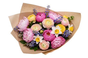 A vibrant bouquet of mixed flowers featuring pink peonies, sunflowers, and lavender. This fresh and colorful floral arrangement is wrapped in kraft paper.