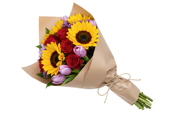 A vibrant bouquet with a large sunflower and pink peonies, lying on its side. The colorful floral arrangement is wrapped in natural kraft paper.