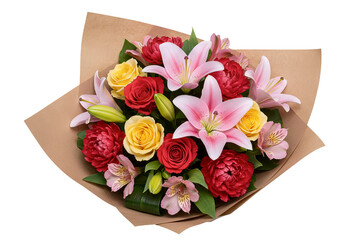 A vibrant bouquet of pink lilies, yellow roses, and red alstroemeria. This beautiful and colorful mixed floral arrangement is wrapped in rustic kraft paper.