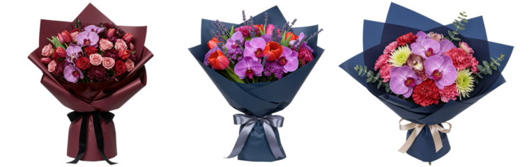 Set of three elegant flower, bouquet, flower bouquets in stylish dark burgundy and blue wrapping paper. Luxurious floral arrangements with pink, red, and purple roses and other mixed blooms.