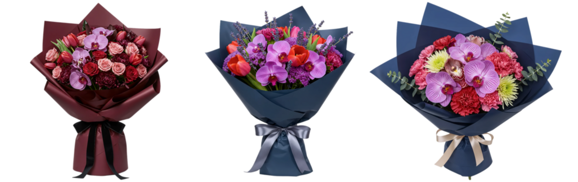 Set of three elegant flower, bouquet, flower bouquets in stylish dark burgundy and blue wrapping paper. Luxurious floral arrangements with pink, red, and purple roses and other mixed blooms.