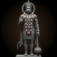 Fototapeta premium Majestic Statue of Lord Hanuman Standing in a Blessing Pose Holding Gada (Mace), Adorned with Sacred Garland – Devotional Representation in Black Stone Finish with Divine Halo Backdrop