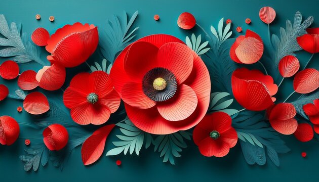 banner with paper cut red poppy flower symbol for remembrance memorial anzac day - Powered by Adobe