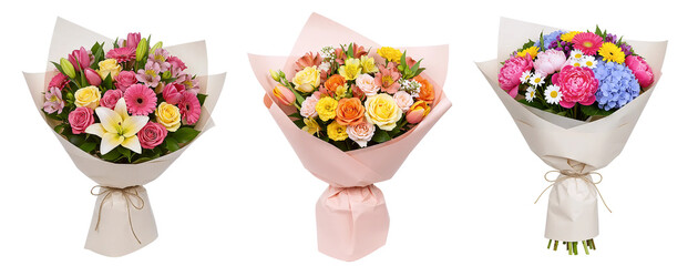 Collection of three vibrant flower, bouquet, flower bouquets in light pink and white wrapping paper. Fresh and colorful floral gifts featuring roses, lilies, and hydrangeas for happy occasions.