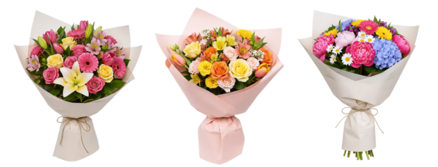 Collection of three vibrant flower, bouquet, flower bouquets in light pink and white wrapping paper. Fresh and colorful floral gifts featuring roses, lilies, and hydrangeas for happy occasions.