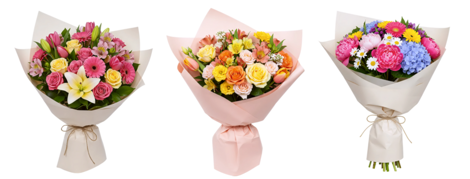 Collection of three vibrant flower, bouquet, flower bouquets in light pink and white wrapping paper. Fresh and colorful floral gifts featuring roses, lilies, and hydrangeas for happy occasions.