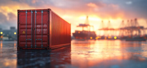 Fototapeta premium Sunset at the Port: A Cargo Container at Golden Hour