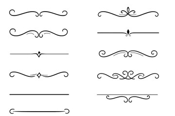Elegant divider designs collection. Set of vintage decorative elements, text separators, and page borders. Simple vector flourishes, swirls, and ornamental rule lines for classic design.