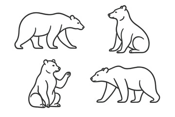 Bear line art set. Minimalist wild animal outline collection. Simple grizzly logo or icon element. Modern vector illustration of bears in different elegant poses for design.