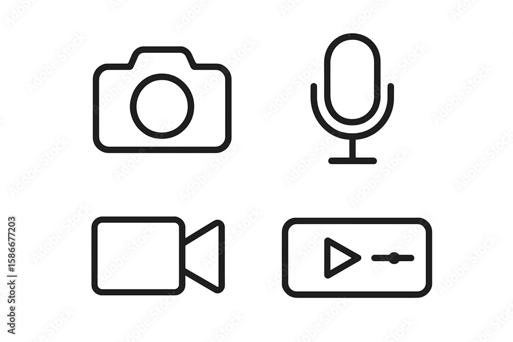 Fototapete media player icon set. camera, microphone, play, pause symbols. minimalist linear outline vector ico