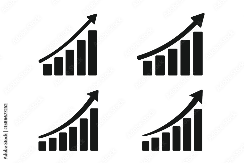 Poster growth chart icon set with upward arrow. business success and financial progress concept. vector bar