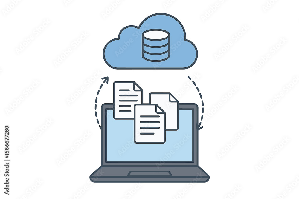 Poster cloud computing technology concept. laptop with cloud data storage. uploading and downloading files 