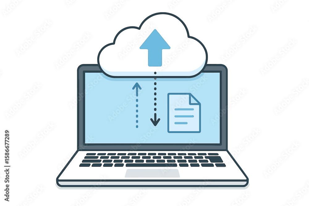 Poster laptop with cloud storage vector icon. exchange of information and file transfer. uploading and down