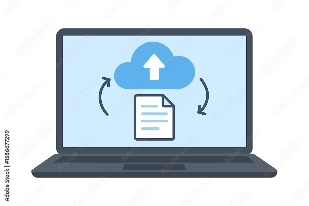 Poster laptop with cloud storage icon on screen. file upload and data transfer concept. cloud computing tec