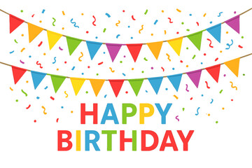 Happy Birthday greeting card vector template. Festive party banner with colorful flags, confetti, and garland. Celebration design for an invitation or holiday poster.
