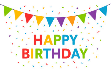 Happy Birthday banner vector design template. Colorful party flags, garland, and confetti for celebration. Festive greeting card illustration on isolated white background.