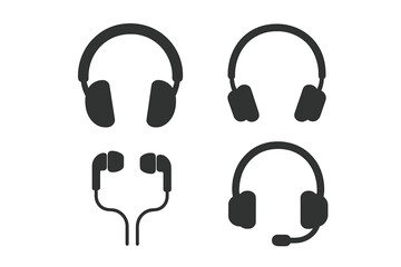 Headphone icon set vector. Earphones, headset with microphone, and earbuds silhouette symbols. Audio, music, and sound glyph collection for web, app, and UI design.