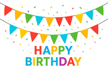 Happy Birthday banner with colorful flags and confetti. Greeting card design template for birthday celebration. Party bunting garland vector illustration on white background.