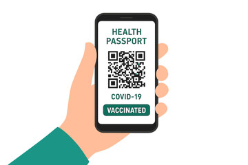Health passport with QR code on smartphone screen. Hand holding phone with digital vaccination certificate for travel during covid-19 pandemic. Immune status concept vector.