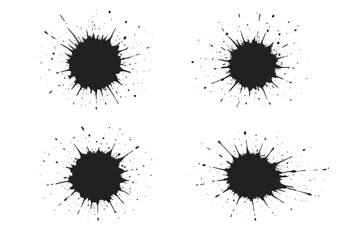 Black ink splatter set. Grunge paint splash collection. Vector artistic blot and stain. Dirty spray drop texture. Abstract design element isolated. Distressed inkblot illustration.