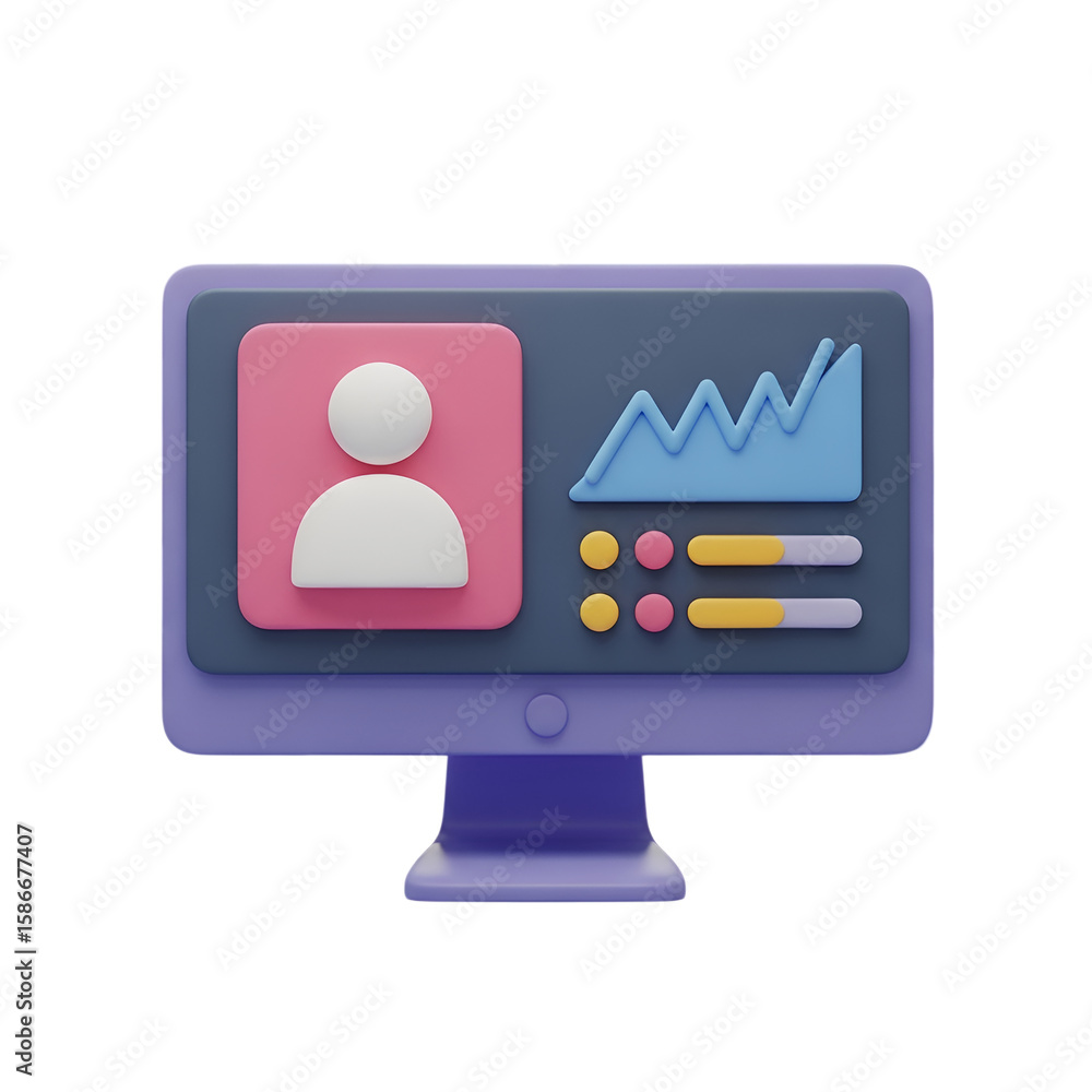 Poster 3d icon of a computer monitor showing user profile and analytics data isolated on transparent backgr
