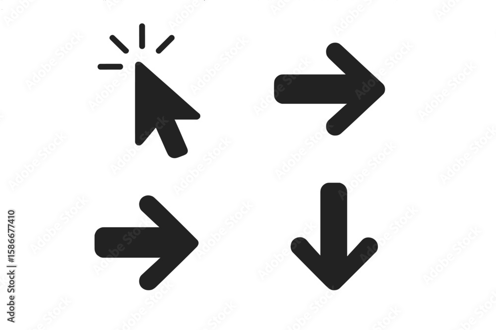 Poster large black arrow icons and cursor click set for web design. vector arrow collection includes bold d