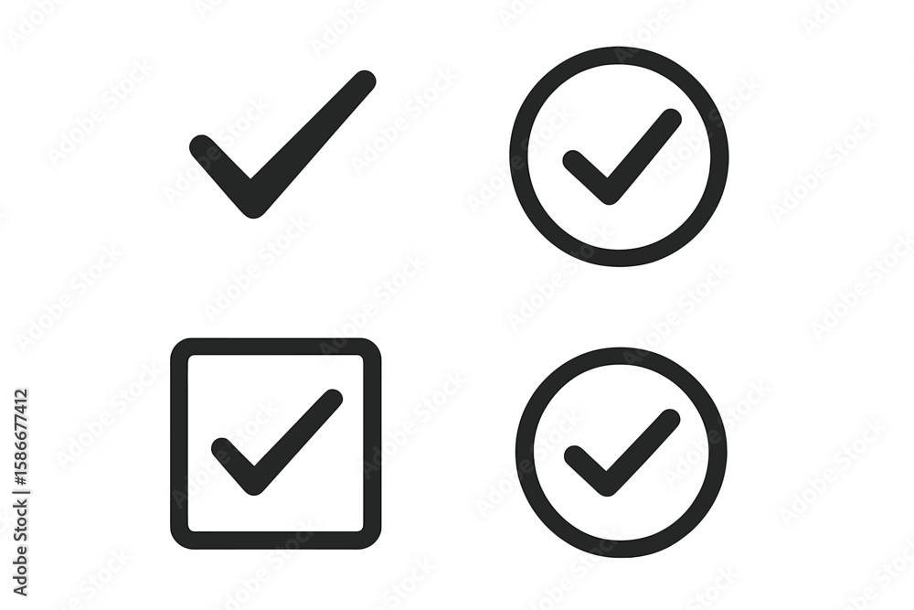 Poster minimalist set of 4 check mark icons in square and circle | simple vector checklist, tick, checkbox,