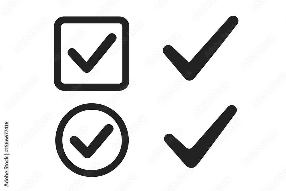  set of 4 vector check marks and checkbox icons. minimalist done symbols. profile verification tick. 
