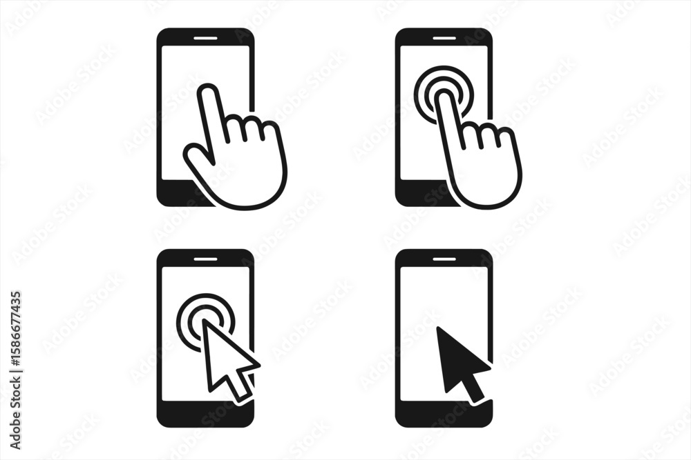 Aufkleber collection of 4 smartphone touch screen interaction icons. hand tapping and clicking screen. mobile 