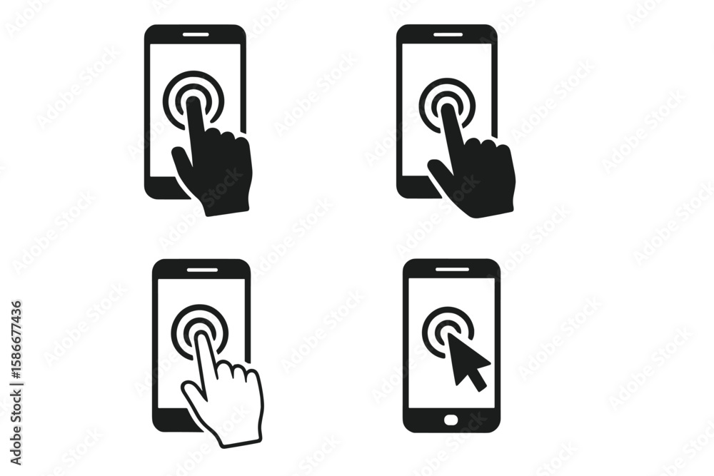 Poster smartphone touch screen interaction icons set. finger hand tap gesture, click cursor symbol, mobile 