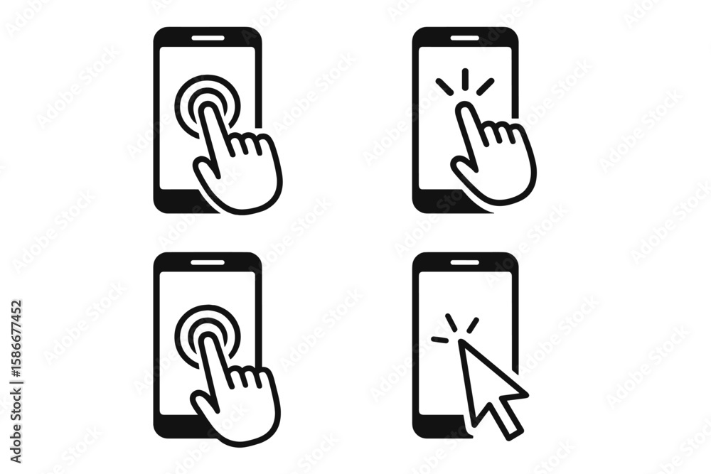 Poster smartphone touchscreen interaction icons set. hand touching mobile device. double tap, click, touch,