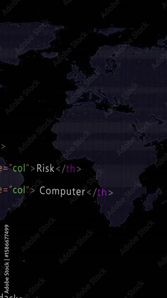 Poster animation of multicolored computer language and map over black background