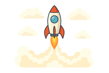 Rocket Launch Startup Concept Vector—Space Rocket Flying Through Clouds, New Project Launch, Startup Success, Creative Innovation, Business Growth, Technology Advancement, Adventure, Futuristic Vision