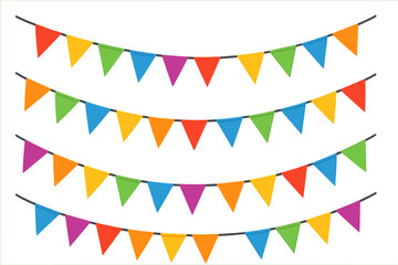 Colorful Festive Party Pennant Garlands Set. Four Rows of Decorative Carnival Flags for Birthday, Festival, Fair, Holiday, Event, and Celebration Banners. Vibrant Vector Seamless Pattern Background