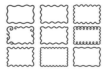 Hand Drawn Squiggle Frames and Wavy Borders Collection – Abstract Decorative Black and White Doodle Rectangle Frame Designs, Vector Illustration Isolated on Transparent Background