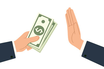 Corruption Prevention and Anti-Bribery Illustration—Businessman Offers Bribe Money, Other Businessman Refuses Cash with Hand Stop Gesture, Rejecting Financial Corruption and Under-the-Table Payment