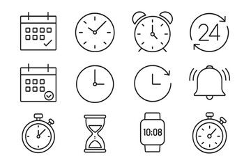 Thin Line Time and Clock Icon Set. Modern Time Management, 24-Hour Clock, Deadline Alarm, Calendar, Timer, Sand Hourglass, Digital Smartwatch, Stopwatch, Reminder, Date Symbols Collection