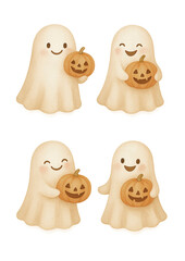Ghosts with Jack-o&rsquo;-Lanterns &ndash; Watercolor Halloween Illustration