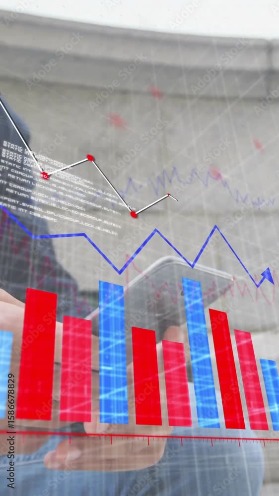 Poster animation of financial data processing over man using smartphone