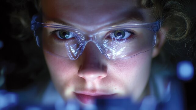 Female scientist wearing protective glasses, monitoring cryogenic milling process with intense concentration, illuminated by machine's glow in high tech laboratory environment - Powered by Adobe