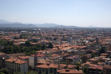 Panoramic summer view of Bergamo rooftops and mountains, Lombardy, Italy, The Venetian Walls