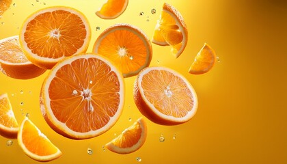 juicy orange slices fall on a yellow background