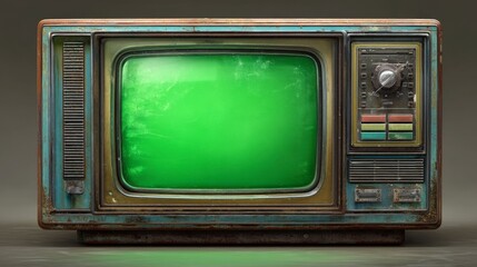 Vintage Television Set with Green Screen Against Gray